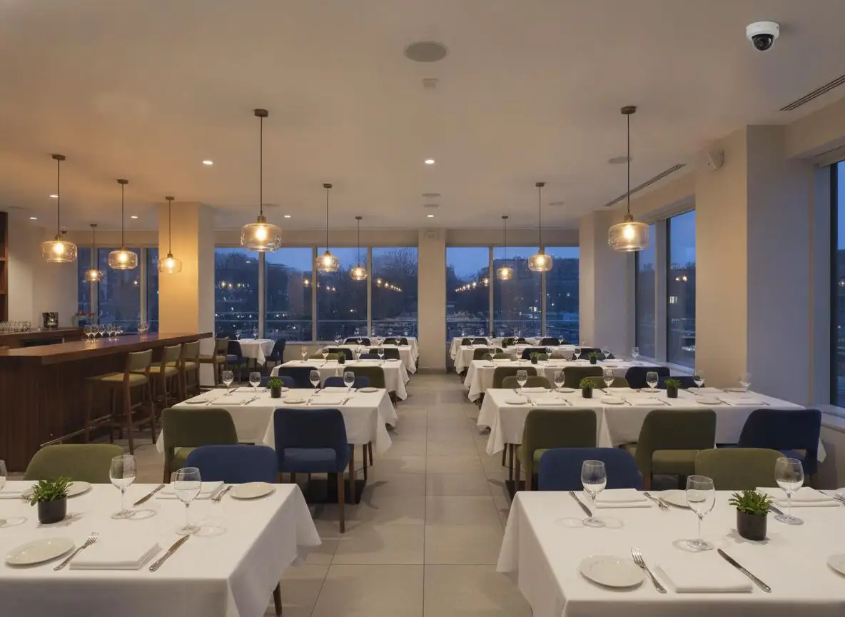 Restaurant dining room with ceiling speakers and a dome camera