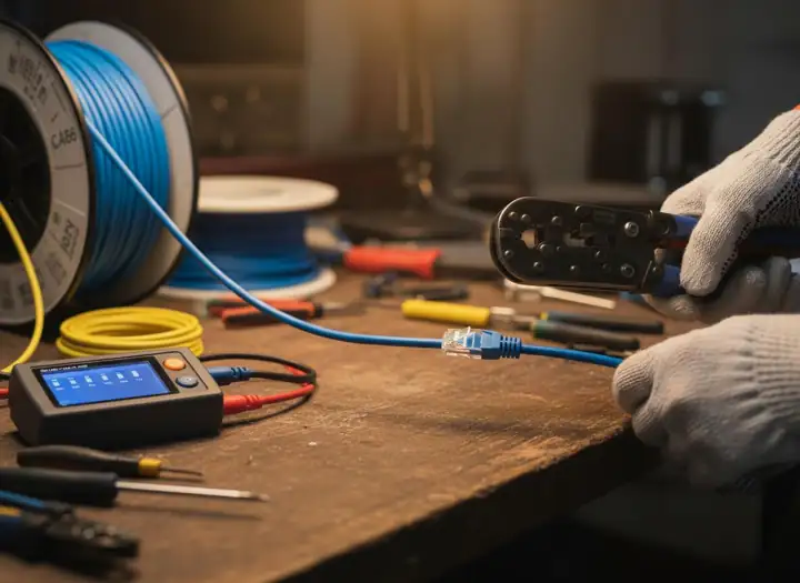 Technician crimping an RJ45 connector onto Cat6 cable