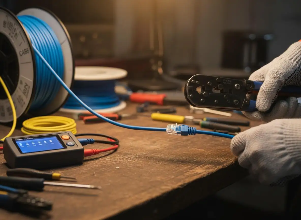 Technician crimping an RJ45 connector onto Cat6 cable