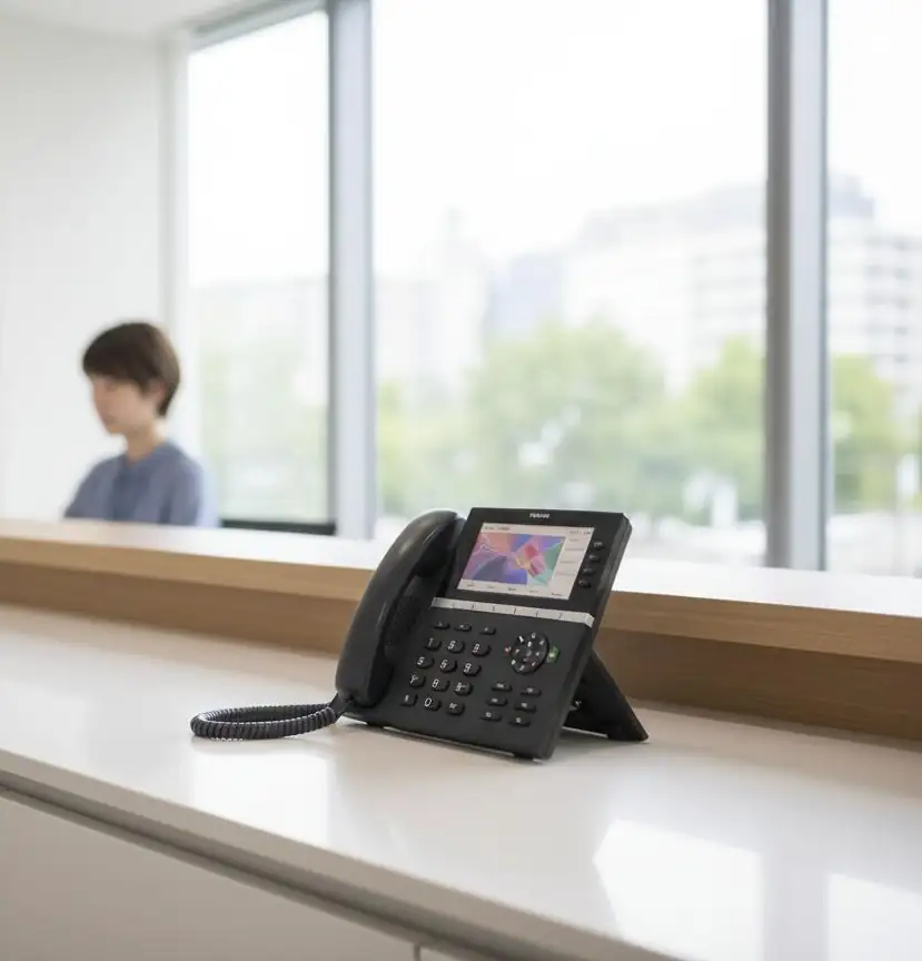 VoIP desk phone on an office reception counter