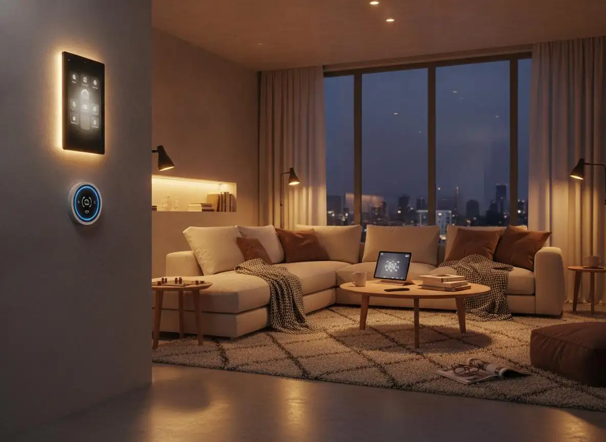 Living room with a wall-mounted smart home panel and thermostat